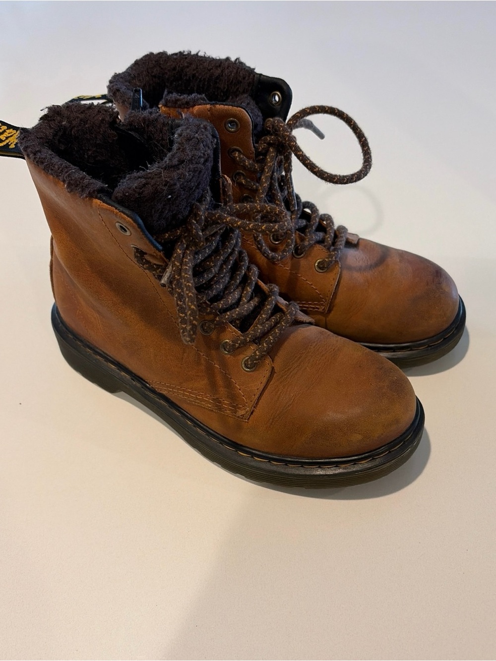 Kids Dr. Martens Brown Lace-Up Boots with Dark Fur Collar and side zipper